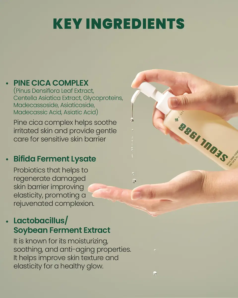 Seoul 1988 Cleansing Oil: Pine Cica 1% + Probiotics (K-Secret) - 200ml Limpiador oleoso pieles mixtas y grasas 6
