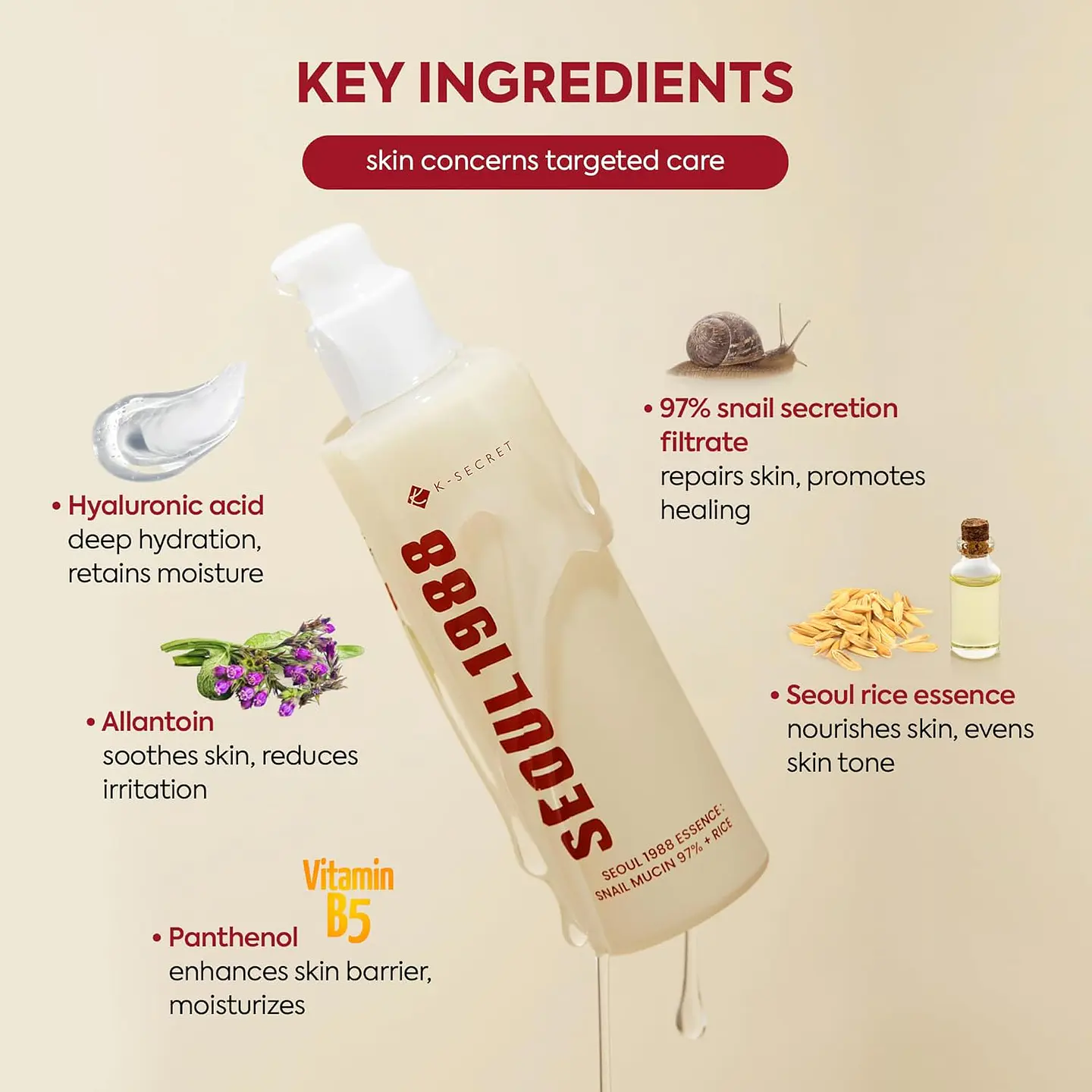 Seoul 1988 Essence: Snail Mucin 97% + Rice (K-Secret) - 100ml Concentrado regenerador e iluminador con baba de caracol y arroz 8
