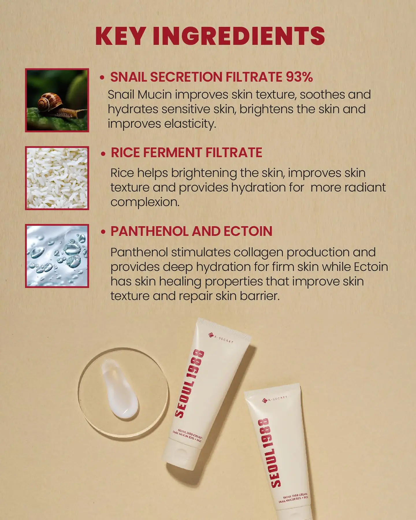 Seoul 1988 Cream: Snail Mucin 93% + Rice (K-Secret) - 100ml Crema regeneradora e iluminadora con baba de caracol y arroz 4