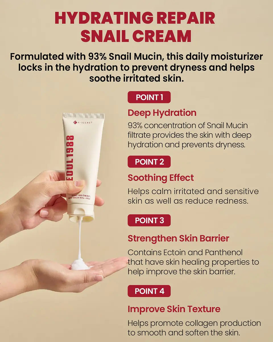 Seoul 1988 Cream: Snail Mucin 93% + Rice (K-Secret) - 100ml Crema regeneradora e iluminadora con baba de caracol y arroz 6