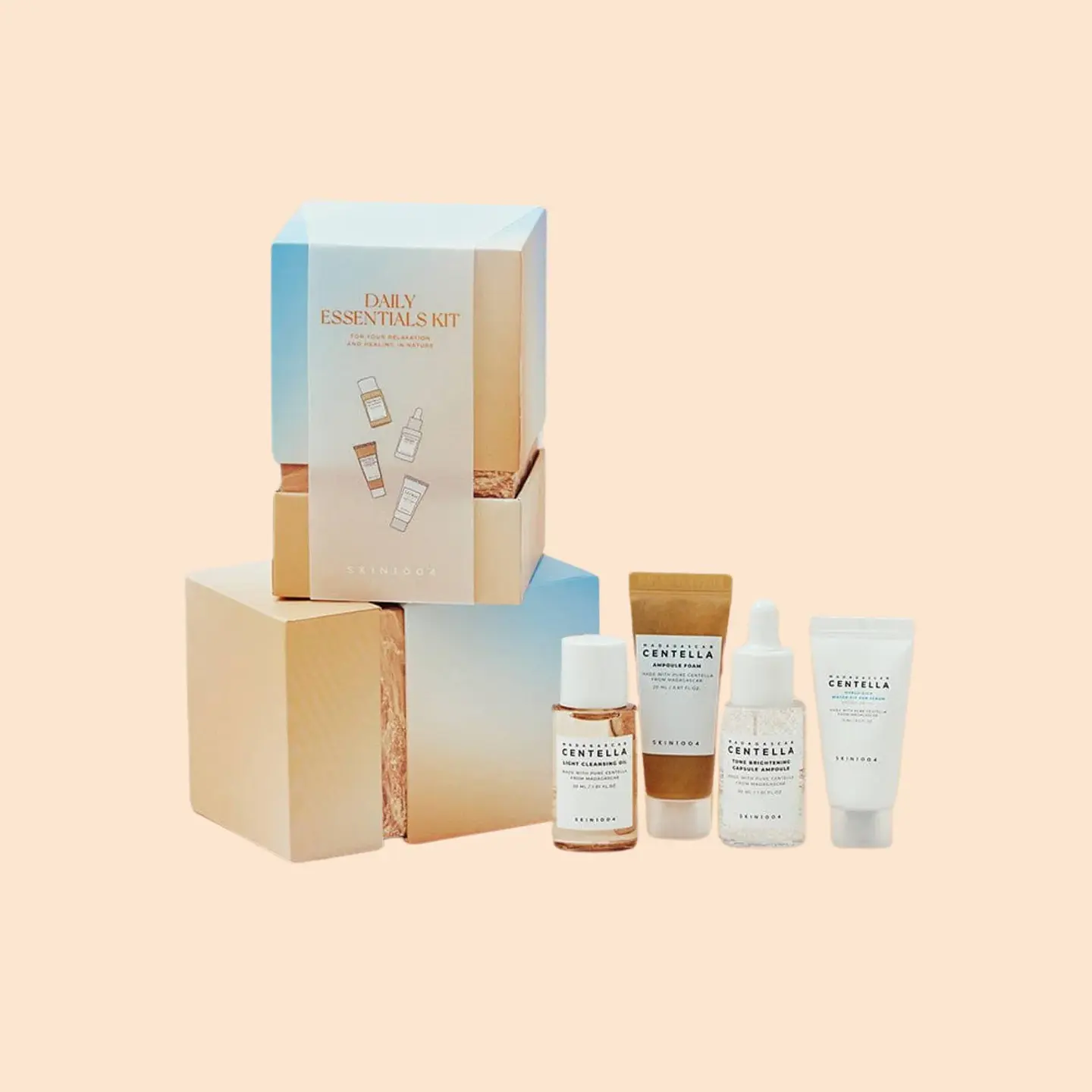 Daily Essential Kit (SKIN1004) - Set Centella Light Cleansing Oil + Ampoule foam 20ml + Tone Brightening Capsule Ampoule 30ml + Hyalu‑Cica Water‑Fit Sun Serum 15ml 4