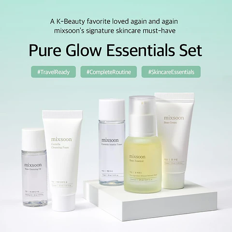 Pure Glow Essentials Set (Mixsoon) - Set de viaje Limpiador oleoso 20ml + Limpiador en espuma 20ml + Tónico 30ml + Esencia 20ml + Crema 15ml