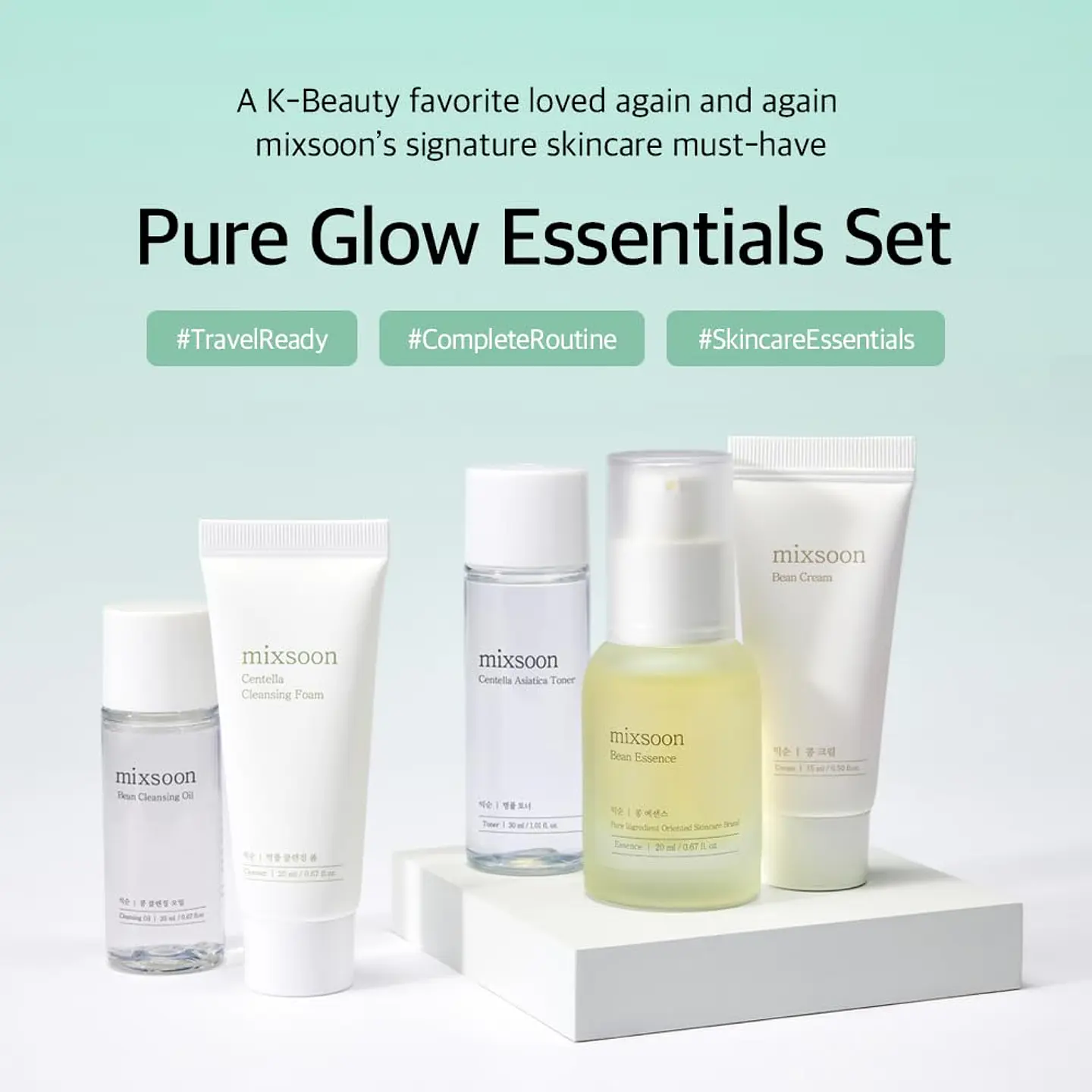 Pure Glow Essentials Set (Mixsoon) - Set de viaje Limpiador oleoso 20ml + Limpiador en espuma 20ml + Tónico 30ml + Esencia 20ml + Crema 15ml 2