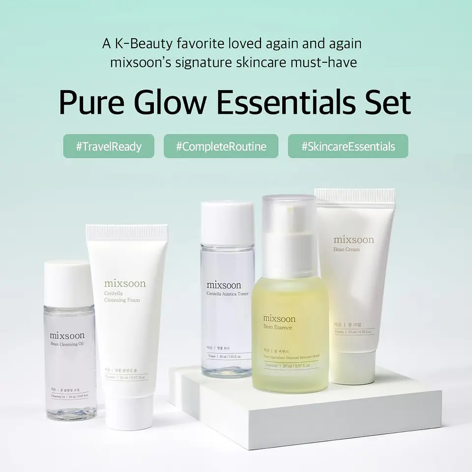 Pure Glow Essentials Set (Mixsoon) - Set de viaje Limpiador oleoso 20ml + Limpiador en espuma 20ml + Tónico 30ml + Esencia 20ml + Crema 15ml 2