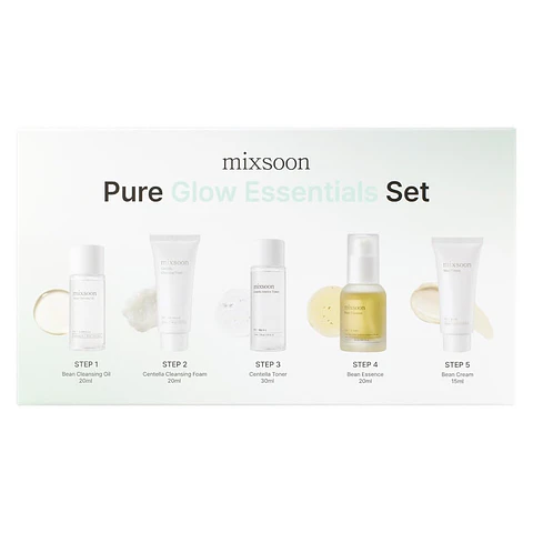 Pure Glow Essentials Set (Mixsoon) - Set de viaje Limpiador oleoso 20ml + Limpiador en espuma 20ml + Tónico 30ml + Esencia 20ml + Crema 15ml