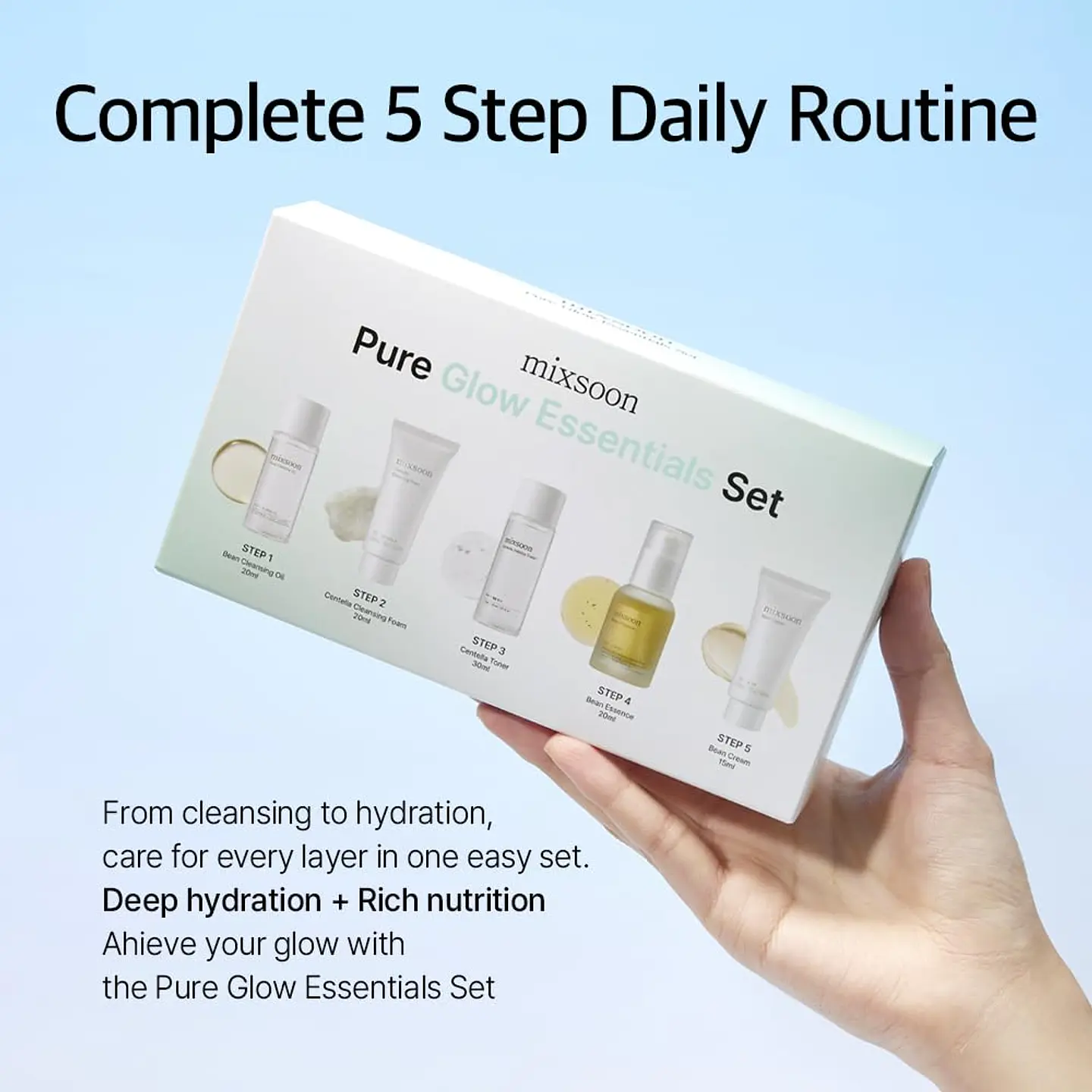 Pure Glow Essentials Set (Mixsoon) - Set de viaje Limpiador oleoso 20ml + Limpiador en espuma 20ml + Tónico 30ml + Esencia 20ml + Crema 15ml 4