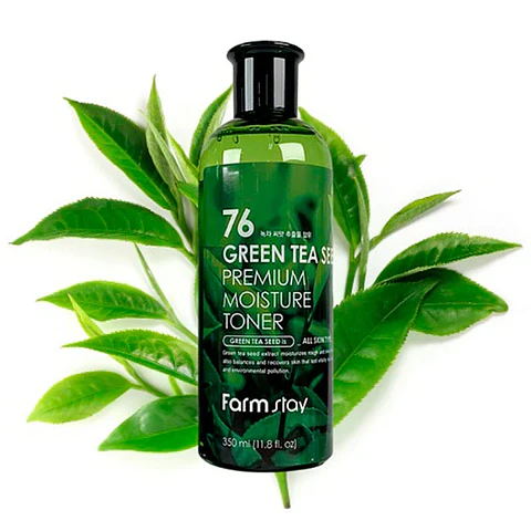 76 Green Tea Seed Premuim Moisture Toner (Farm Stay) - 300 ml Tónico de té verde, con centella asiática, manzanilla y aloe vera  