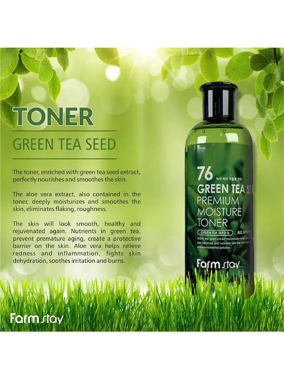 76 Green Tea Seed Premuim Moisture Toner (Farm Stay) - 300 ml Tónico de té verde, con centella asiática, manzanilla y aloe vera   11