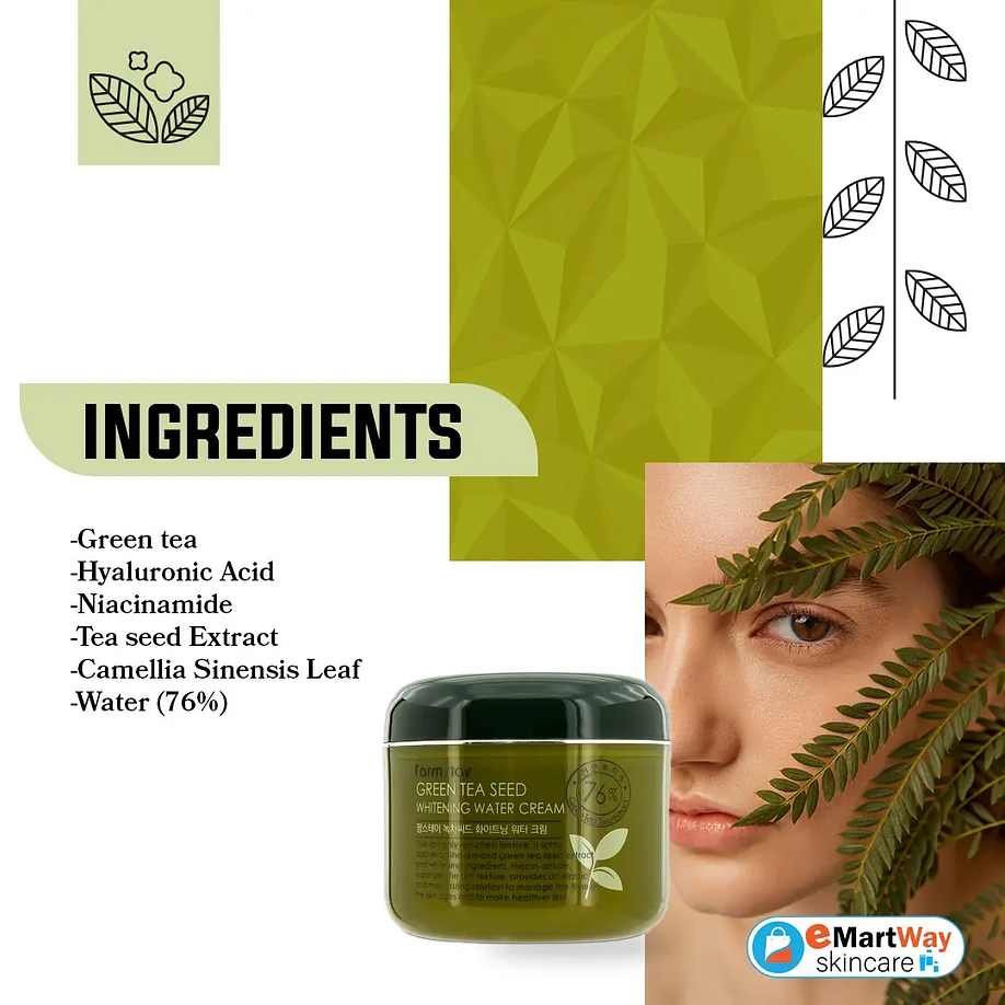 Green Tea Seed Brightening Water Cream (Farm Stay) -100ml Crema calmante aclarante pieles mixtas 76% té verde  11