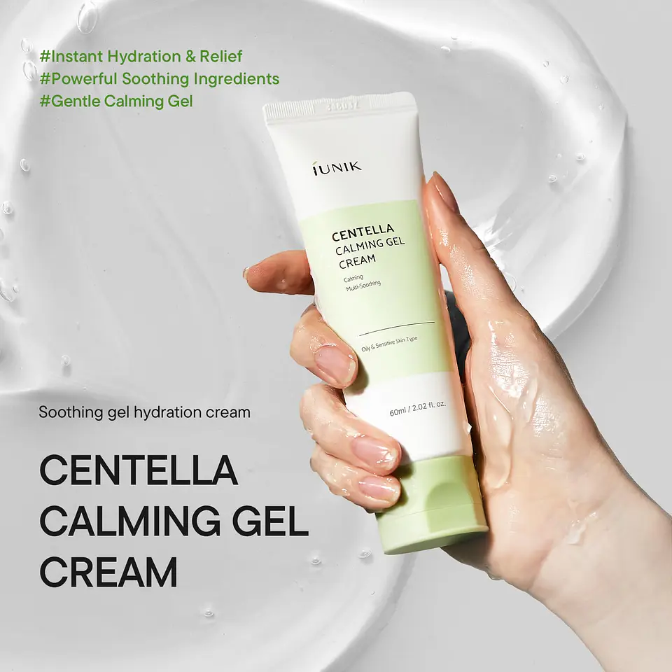 Centella Calming Gel Cream (IUNIK) 60ml Crema calmante  pieles problemáticas 72% centella asiática anti acné y rosácea  7