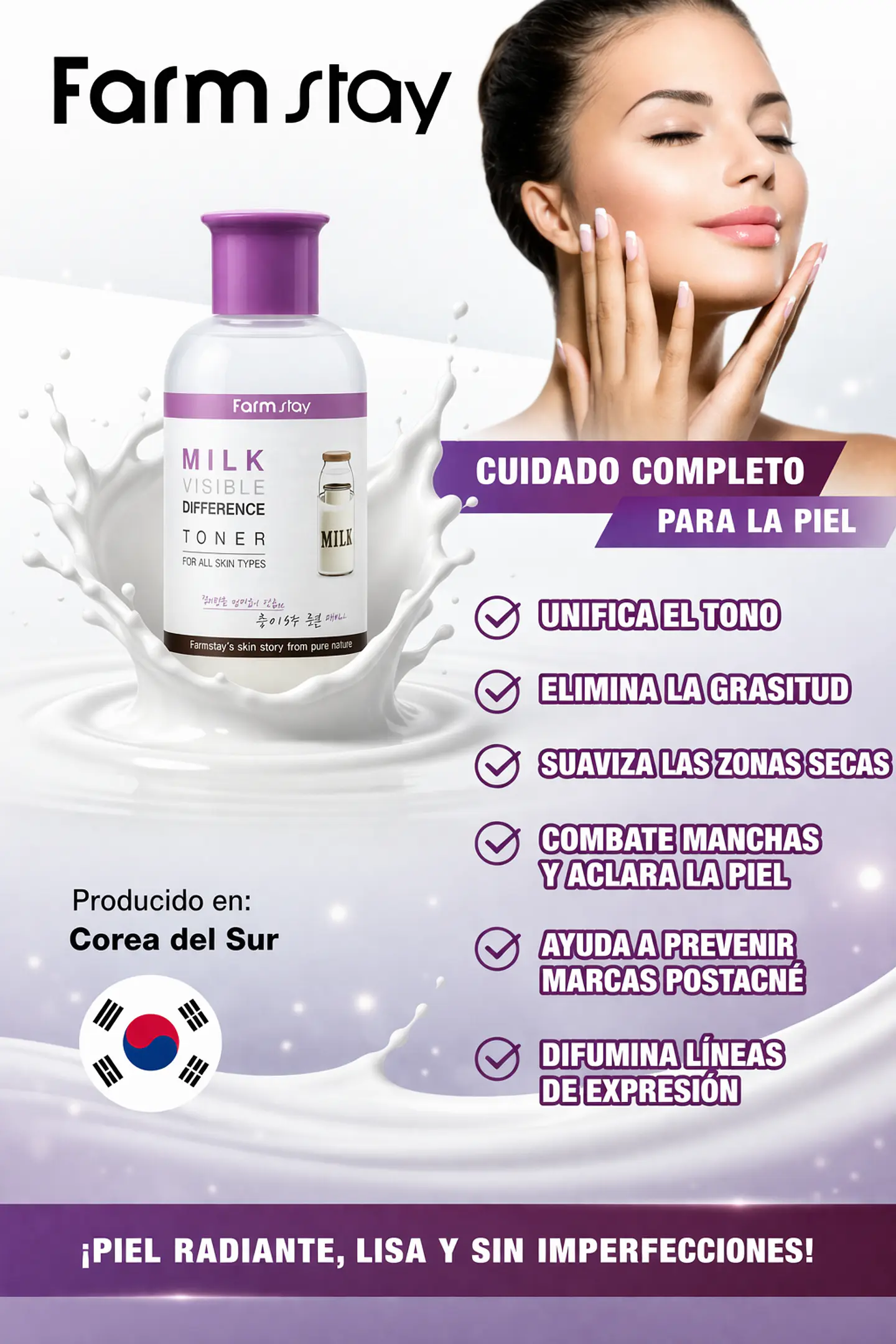 Milk Visible Difference Moisture Toner (Farm Stay) -350 ml Tónico aclarante y nutritivo de leche 2