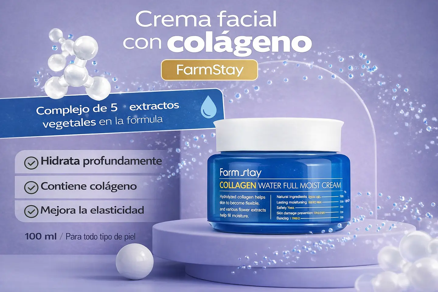 Collagen Water Full Moist Cream (Farm Stay) - 100ml Crema antiedad con colágeno y ácido hialurónico 2