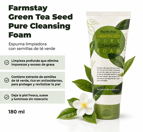 Green Tea Seed Pure Cleansing Foam (Farm Stay) -180ml Espuma limpiadora pieles mixtas y grasas,