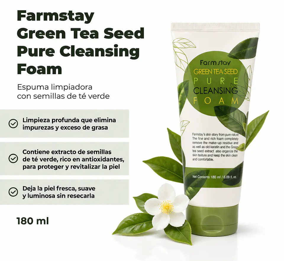 Green Tea Seed Pure Cleansing Foam (Farm Stay) -180ml Espuma limpiadora pieles mixtas y grasas, 2