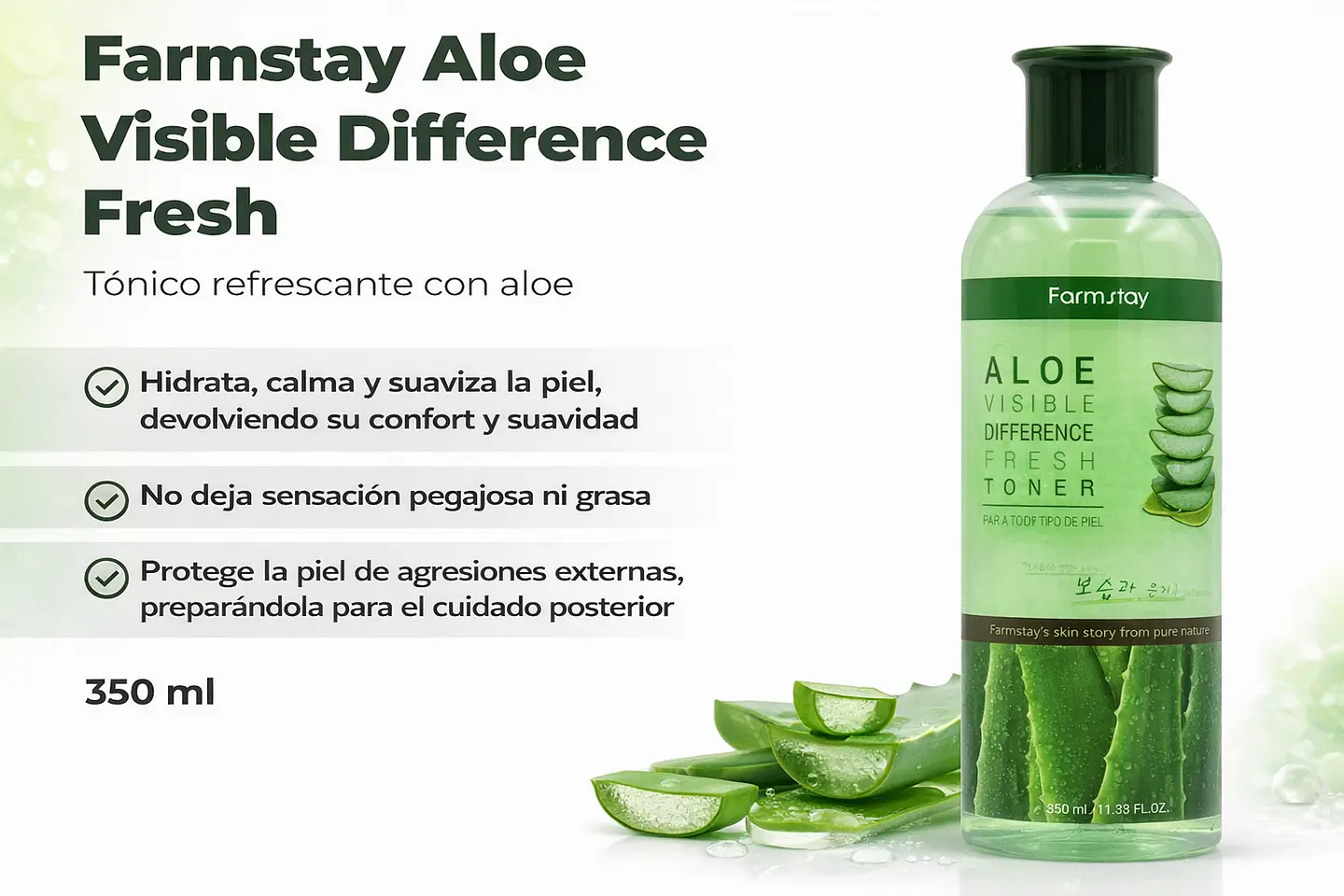 Aloe Visible Difference Fresh Toner (Farm Stay) - 350ml Tónico aloe vera, té verde y hierbas 2