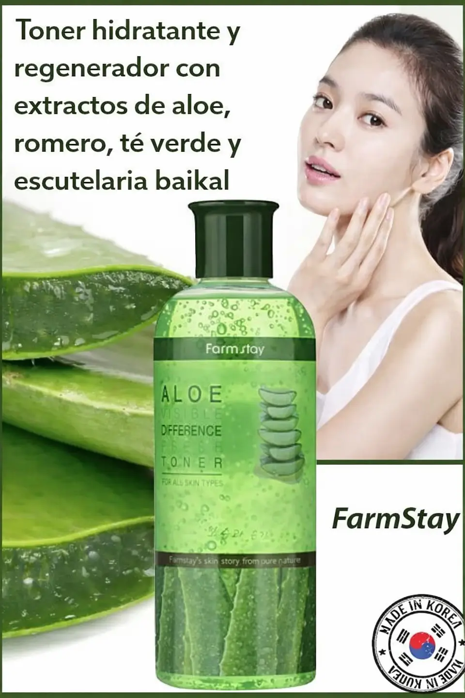 Aloe Visible Difference Fresh Toner (Farm Stay) - 350ml Tónico aloe vera, té verde y hierbas 4