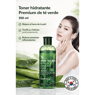 76 Green Tea Seed Premuim Moisture Toner (Farm Stay) - 300 ml Tónico de té verde, con centella asiática, manzanilla y aloe vera  