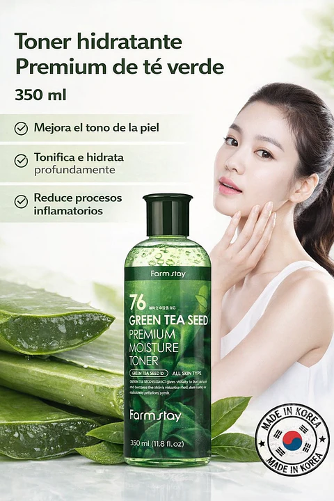 76 Green Tea Seed Premuim Moisture Toner (Farm Stay) - 300 ml Tónico de té verde, con centella asiática, manzanilla y aloe vera  