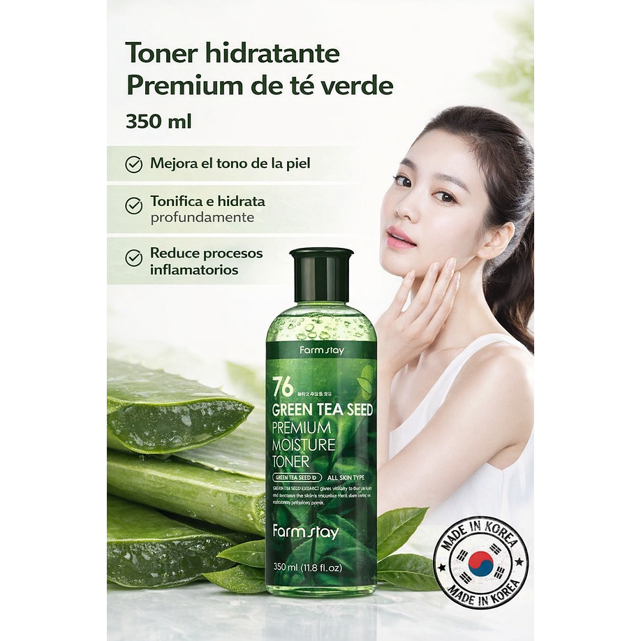 76 Green Tea Seed Premuim Moisture Toner (Farm Stay) - 300 ml Tónico de té verde, con centella asiática, manzanilla y aloe vera   2