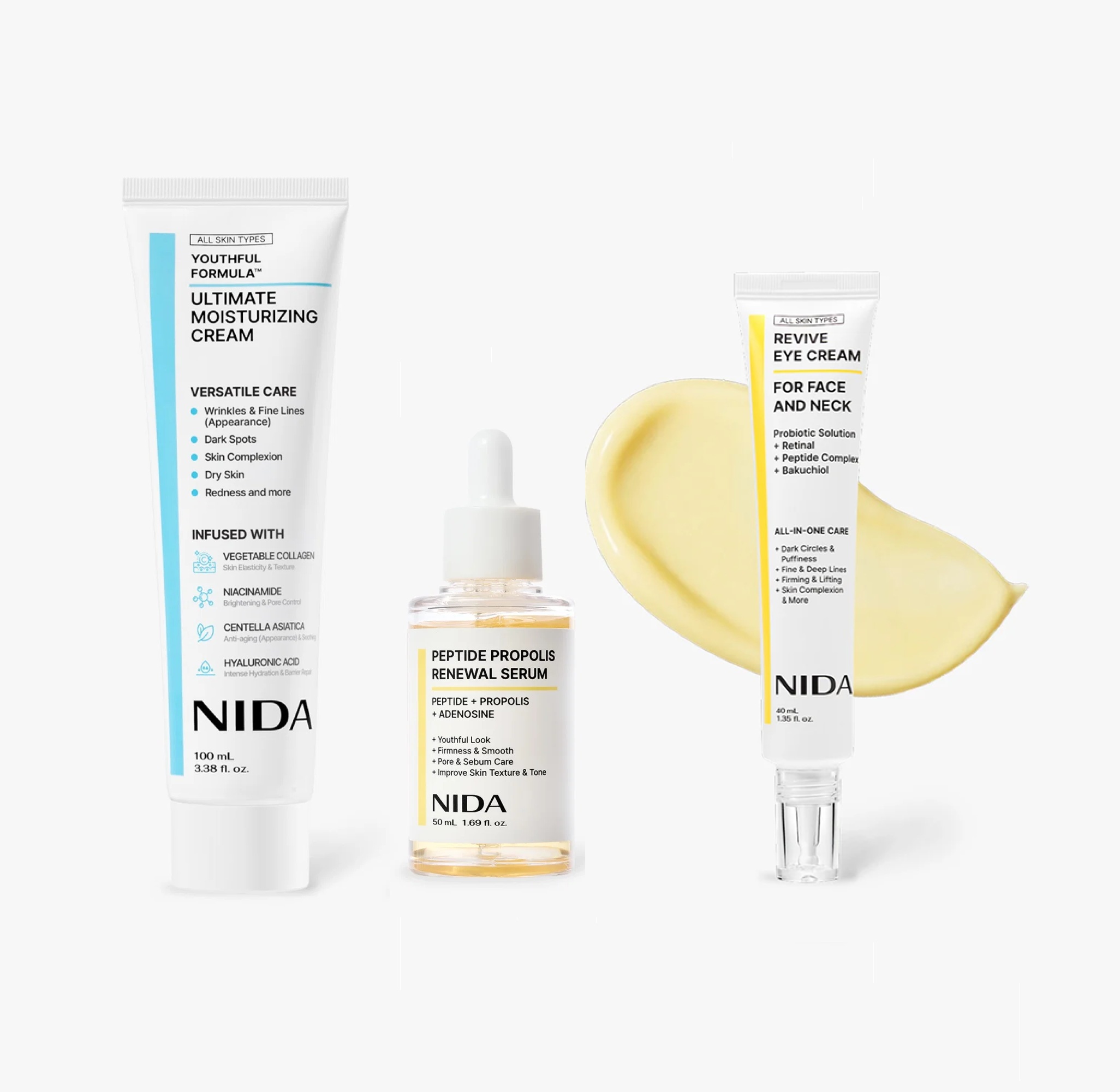 NIDA Pack Antiedad Crema Rostro colágeno + Crema Contorno de ojos retinal + Serum péptidos