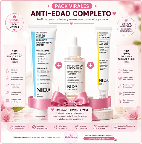 Pack Antiedad Crema Rostro colágeno 100ml + Crema Contorno de ojos retinal 40ml + Serum péptidos 50ml  (NIDA)