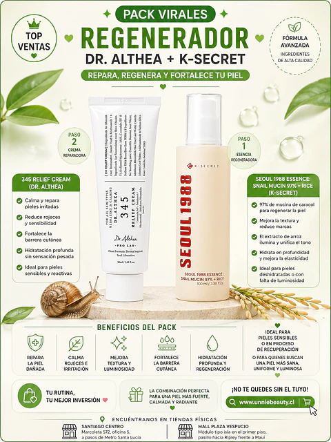 Pack Virales Regenerador 345 Relief Cream + Seoul 1988 Essence: Snail Mucin 97% + Rice (Dr Althea y K-secret)