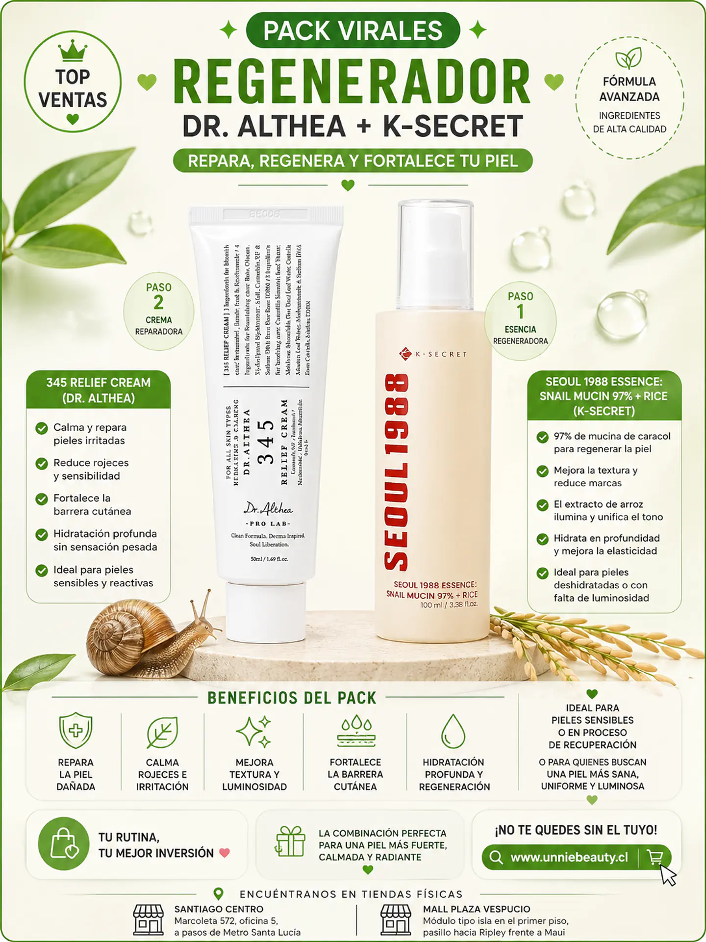 Pack Virales Regenerador 345 Relief Cream + Seoul 1988 Essence: Snail Mucin 97% + Rice (Dr Althea y K-secret) 2