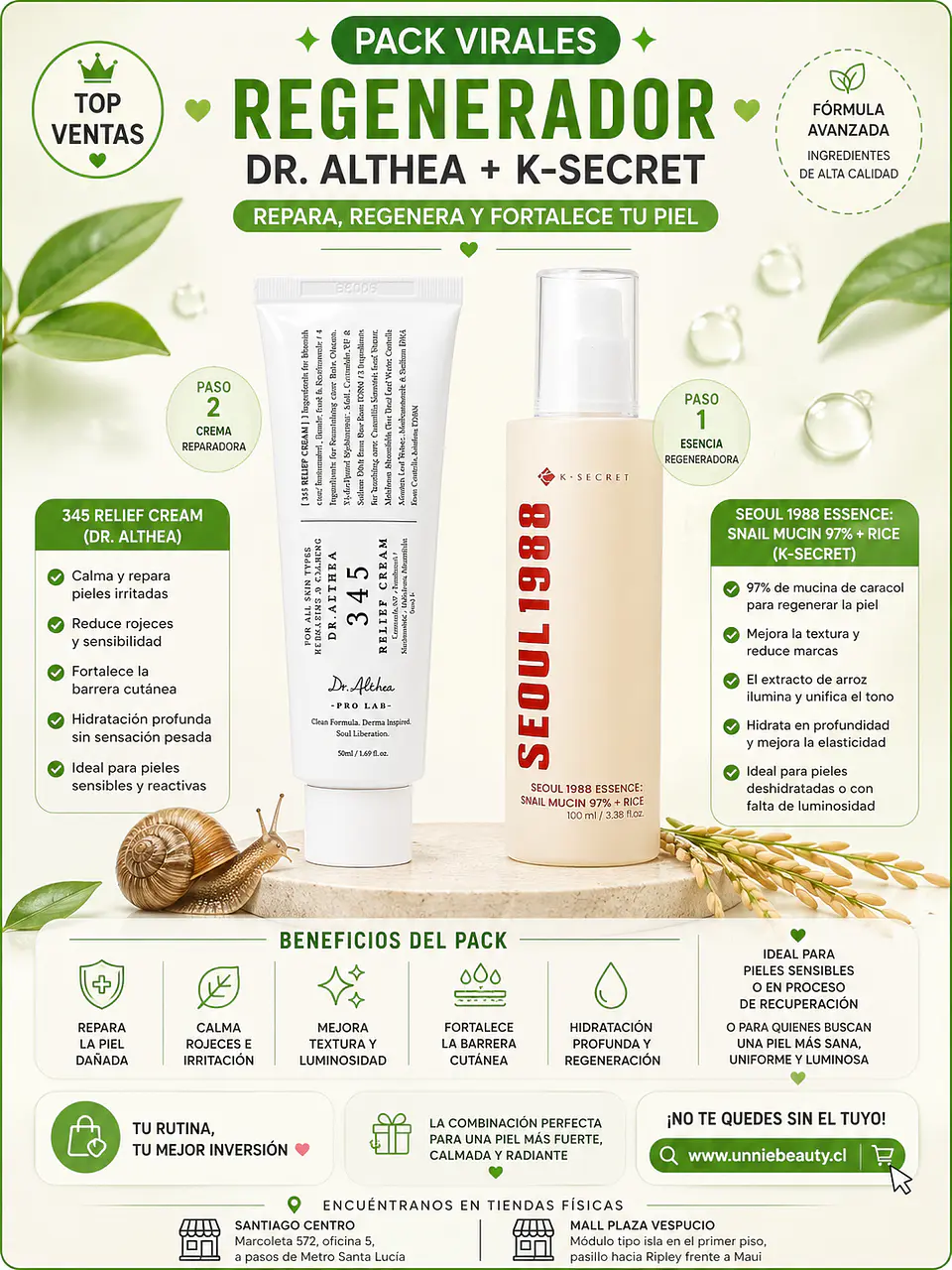 Pack Virales Regenerador 345 Relief Cream + Seoul 1988 Essence: Snail Mucin 97% + Rice (Dr Althea y K-secret) 2