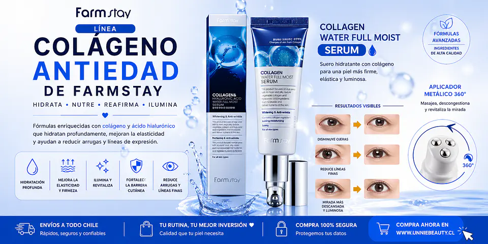 Collagen Water Full Moist Rolling Eye Serum (Farm Stay) – 25ml Suero de contorno de ojos antiedad roll on 2