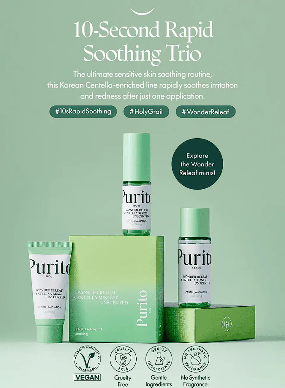 Wonder Releaf Centella Mini Kit Unscented (Purito) - Set calmante miniaturas  3