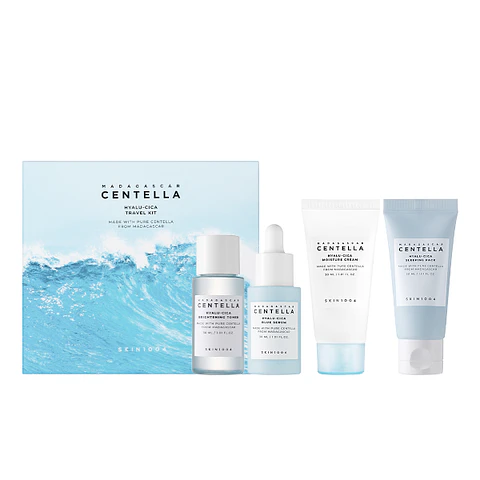 Madagascar Centella Hyalu-Cica Travel Kit (SKIN1004) - Set de miniaturas centella asiática y ácido hialurónico 1 Tónico 30ml + 1 Serum 30ml + 1 crema día 30ml + 1 crema noche 30ml