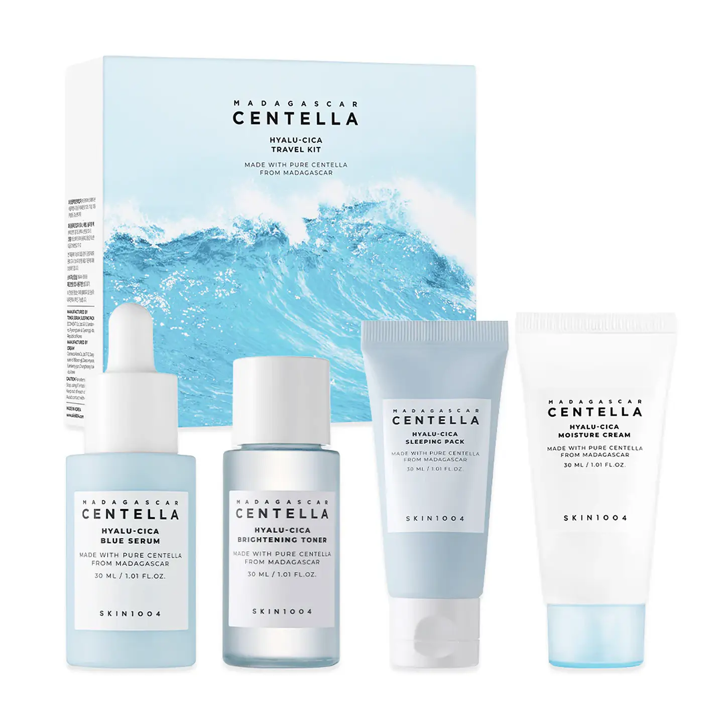 Madagascar Centella Hyalu-Cica Travel Kit (SKIN1004) - Set de miniaturas centella asiática y ácido hialurónico 1 Tónico 30ml + 1 Serum 30ml + 1 crema día 30ml + 1 crema noche 30ml 3