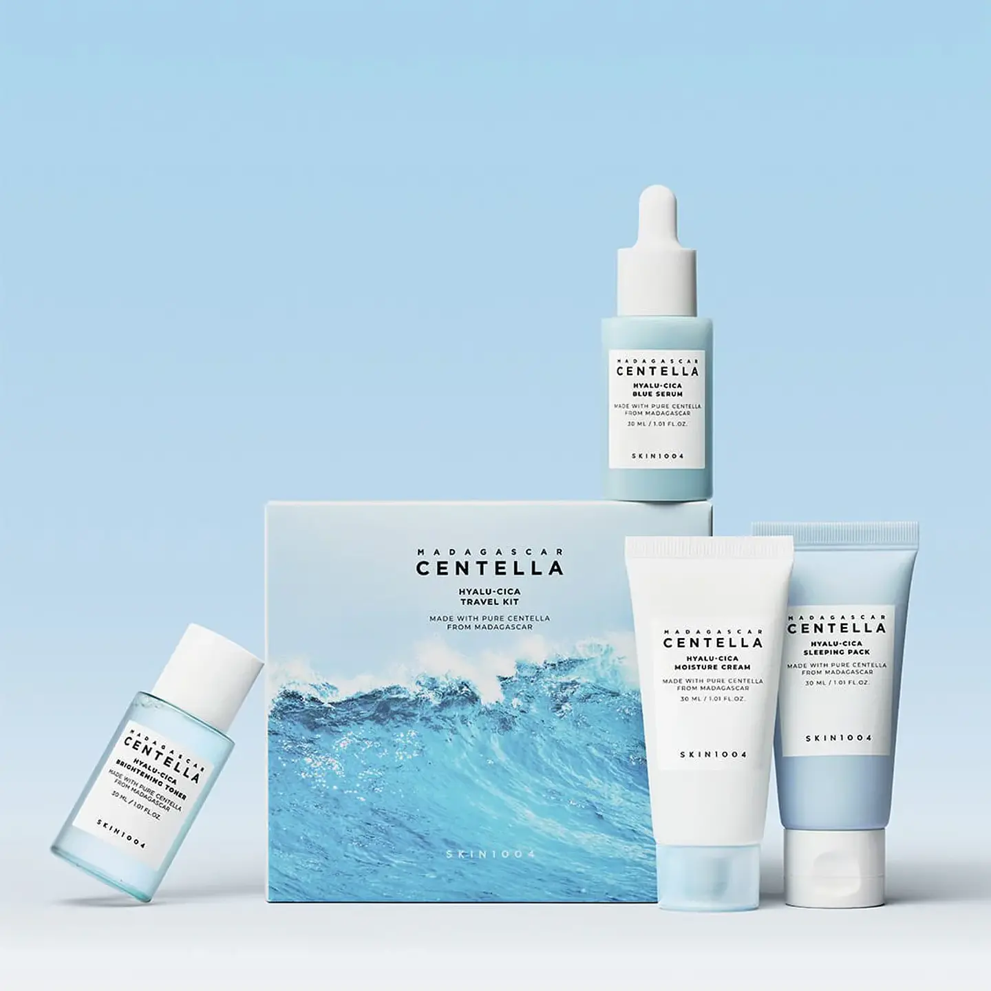 Madagascar Centella Hyalu-Cica Travel Kit (SKIN1004) - Set de miniaturas centella asiática y ácido hialurónico 1 Tónico 30ml + 1 Serum 30ml + 1 crema día 30ml + 1 crema noche 30ml 4