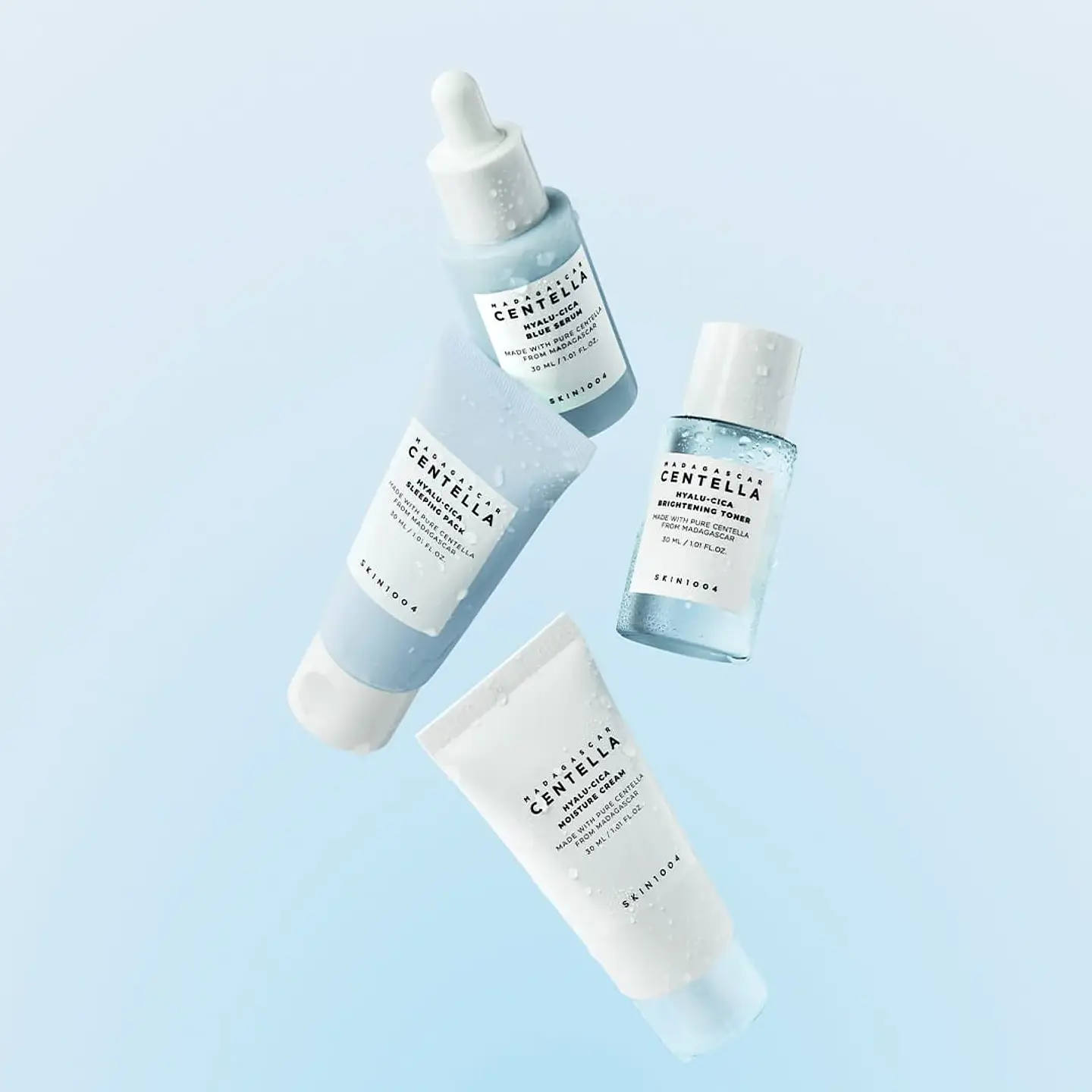 Madagascar Centella Hyalu-Cica Travel Kit (SKIN1004) - Set de miniaturas centella asiática y ácido hialurónico 1 Tónico 30ml + 1 Serum 30ml + 1 crema día 30ml + 1 crema noche 30ml 6