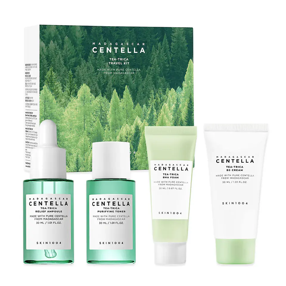 Madagascar Centella Tea-trica Travel Kit (SKIN1004) - Set de miniaturas antiacné centella asiática y árbol de té 1 espuma limpiadora + 1 Tónico 30ml + 1 Serum 30ml + 1 crema 30ml 1