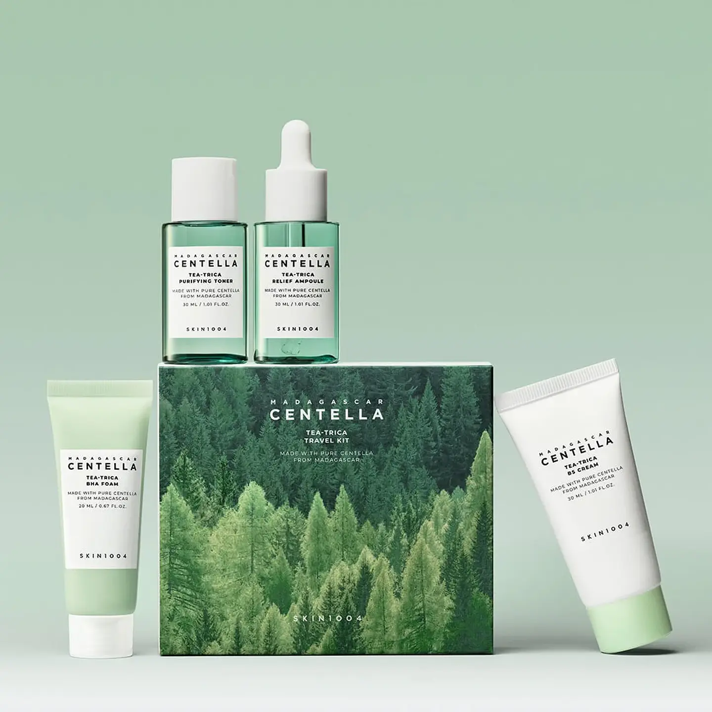 Madagascar Centella Tea-trica Travel Kit (SKIN1004) - Set de miniaturas antiacné centella asiática y árbol de té 1 espuma limpiadora + 1 Tónico 30ml + 1 Serum 30ml + 1 crema 30ml 3