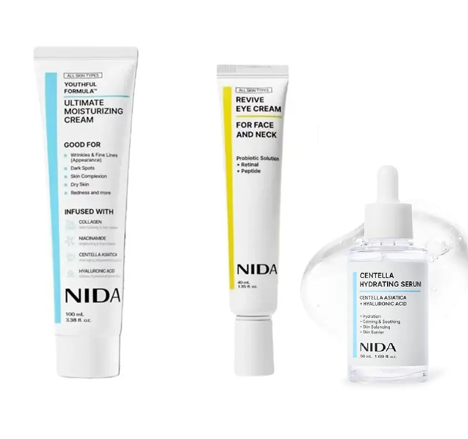 Pack Antiedad Crema Rostro colágeno 100ml + Crema Contorno de ojos retinal 40ml + Serum centella asiática 50ml  (NIDA) 1