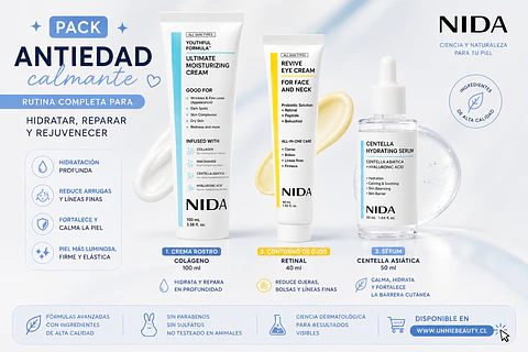 Pack Antiedad Calmante Crema Rostro colágeno 100ml + Crema Contorno de ojos retinal 40ml + Serum centella asiática 50ml  (NIDA)