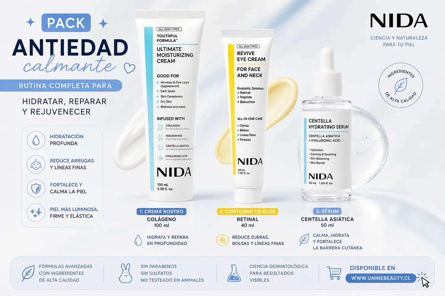 Pack Antiedad Calmante Crema Rostro colágeno 100ml + Crema Contorno de ojos retinal 40ml + Serum centella asiática 50ml  (NIDA) 2