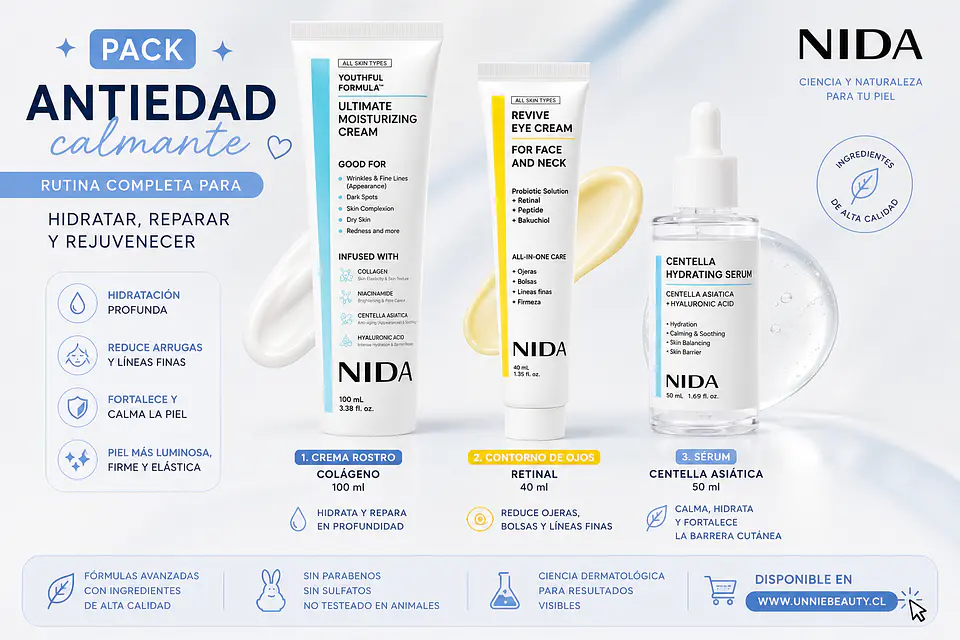 Pack Antiedad Calmante Crema Rostro colágeno 100ml + Crema Contorno de ojos retinal 40ml + Serum centella asiática 50ml  (NIDA) 2