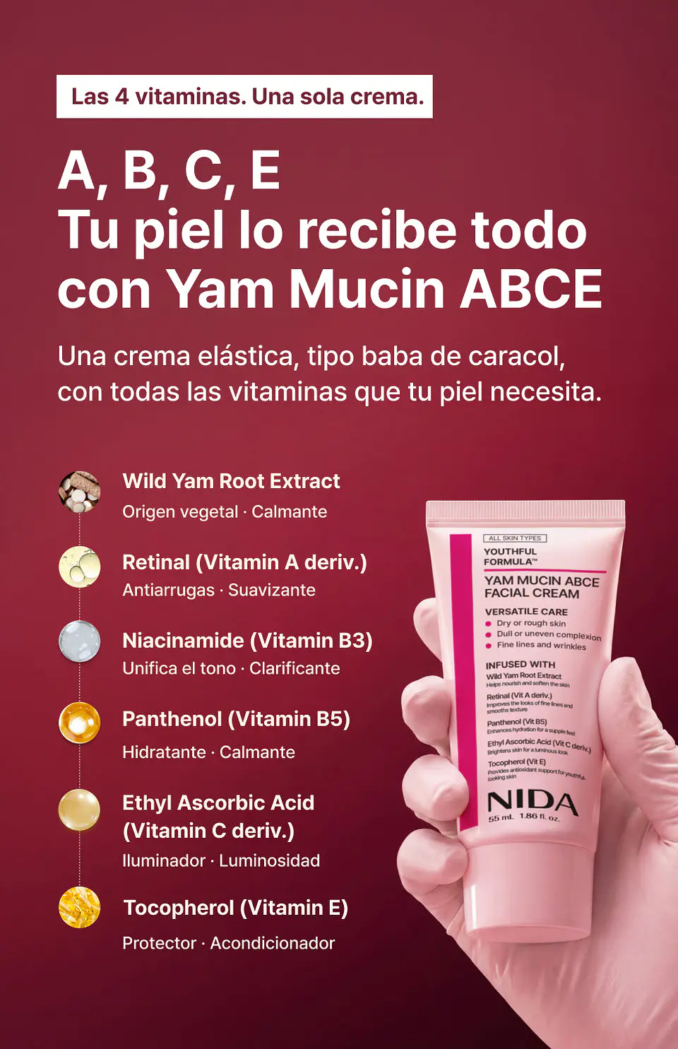 Youthful Formula™ Yam Mucin ABCE Cream (NIDA) - 55ml Crema antiedad y reparadora con vitaminas A, B, C y E 3