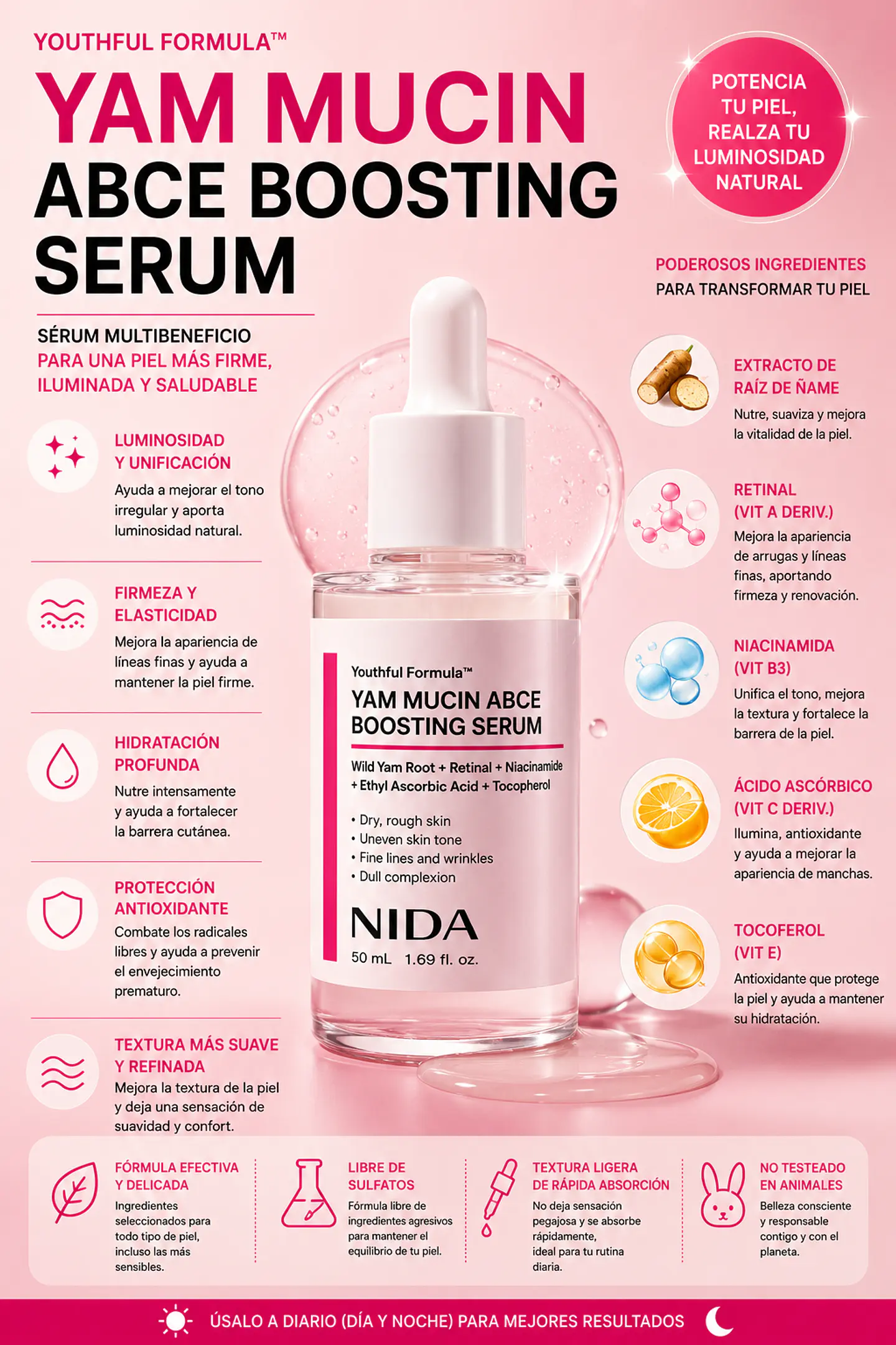 Youthful Formula™ Yam Mucin ABCE Boosting Serum (NIDA) - 50 ml Serum antiedad y regenerador con vitaminas A, B, C, E y retinal 9