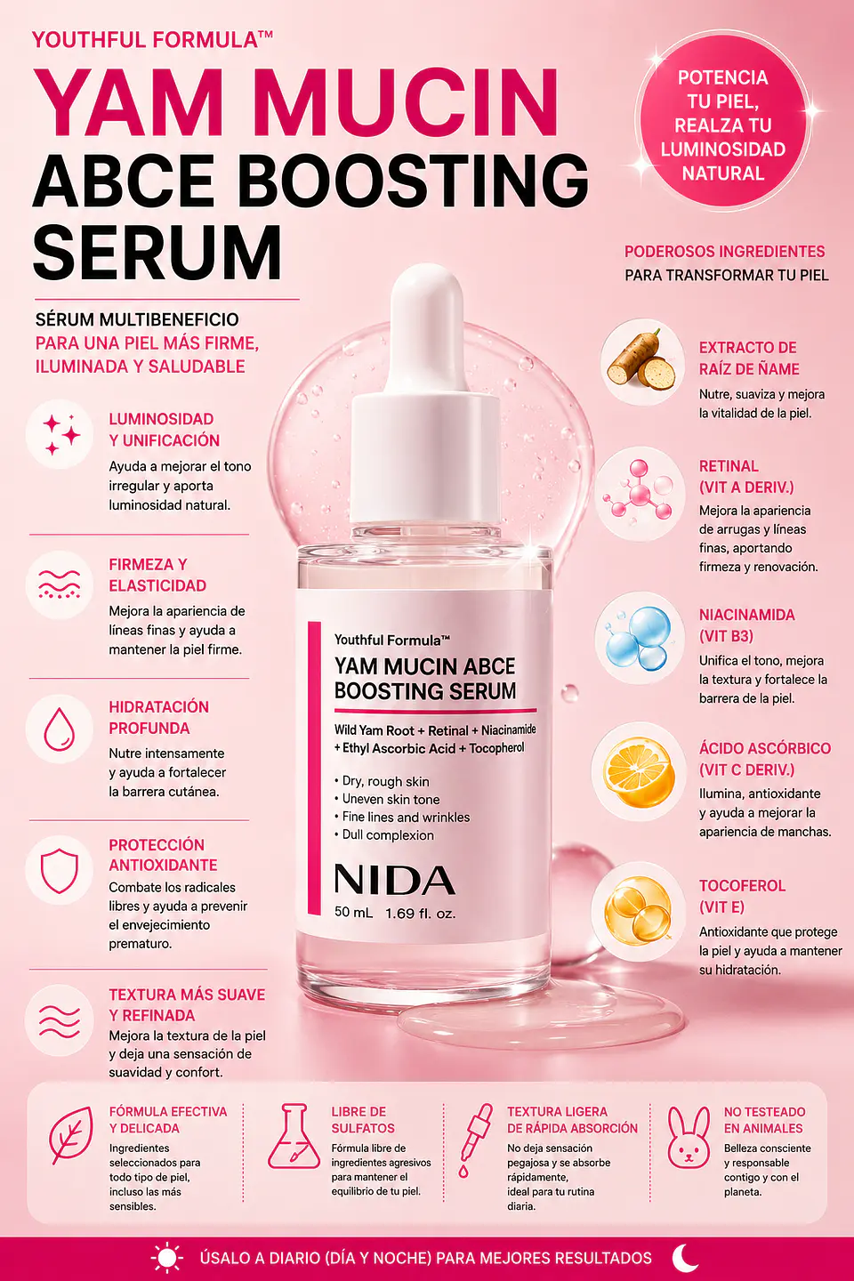 Youthful Formula™ Yam Mucin ABCE Boosting Serum (NIDA) - 50 ml Serum antiedad y regenerador con vitaminas A, B, C, E y retinal 9