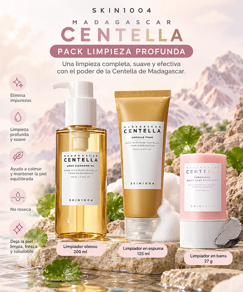 Pack Limpieza Profunda Madagascar Centella (SKIN1004) - Limpiador oleoso 200ml + Limpiador en espuma 125 ml + Limpiador en barra  