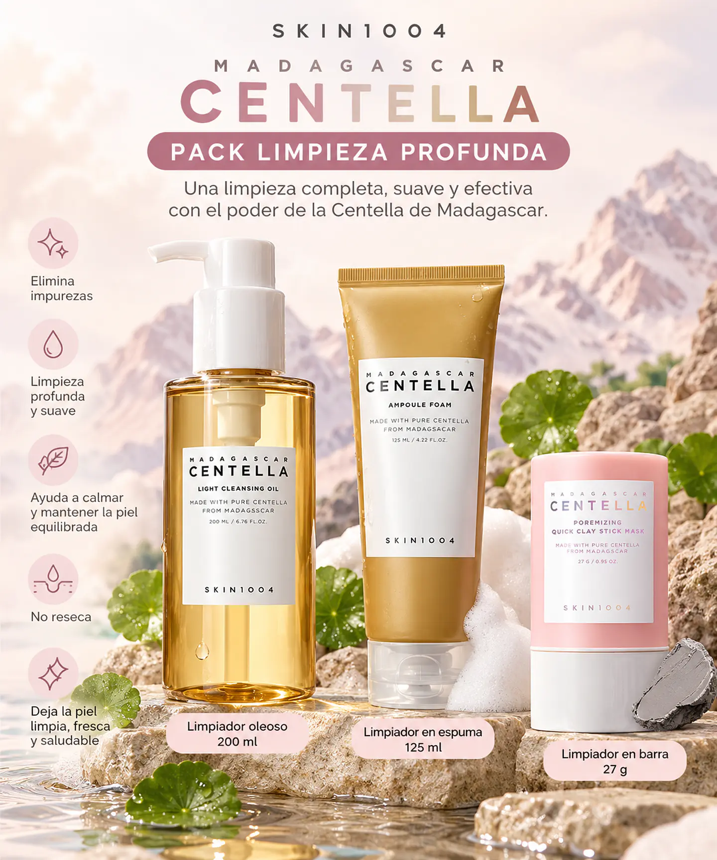 Pack Limpieza Profunda Madagascar Centella (SKIN1004) - Limpiador oleoso 200ml + Limpiador en espuma 125 ml + Limpiador en barra   2