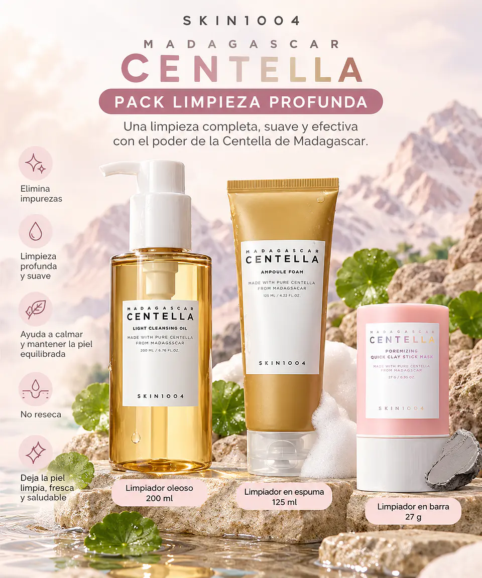 Pack Limpieza Profunda Madagascar Centella (SKIN1004) - Limpiador oleoso 200ml + Limpiador en espuma 125 ml + Limpiador en barra   2