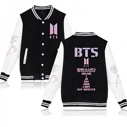 Polerón tipo chaqueta americana BTS negro letras rosadas 