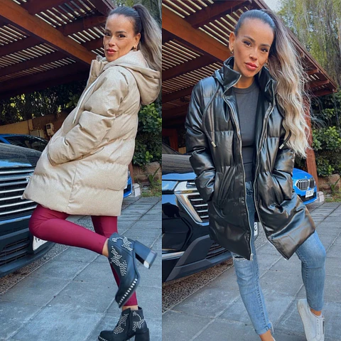 Puffer Jacket Larga Beige y Negra