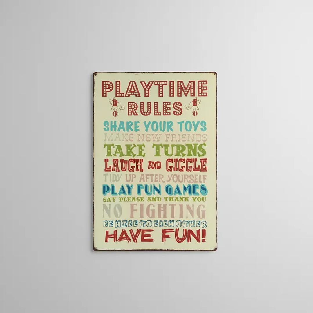 Letrero metálico estilo vintage Playtime Rules 3