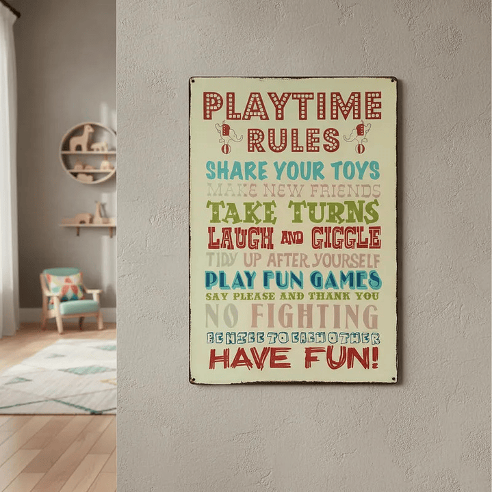Letrero metálico estilo vintage Playtime Rules 1